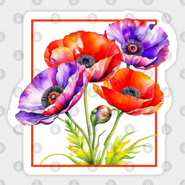 Watercolor Memorial Day Red and Purple Poppies Sticker by HolidayBug